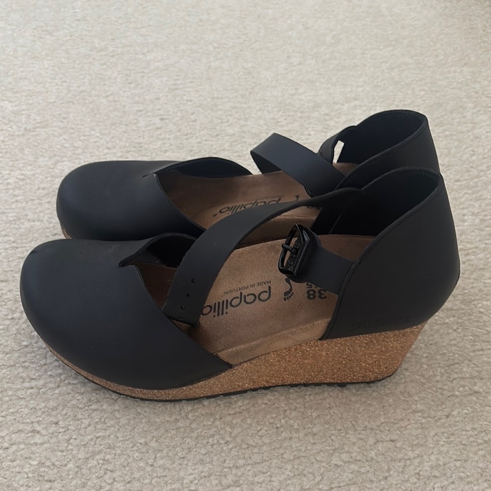 Papillio Black and Tan Wedge Sandals with Cork Sole